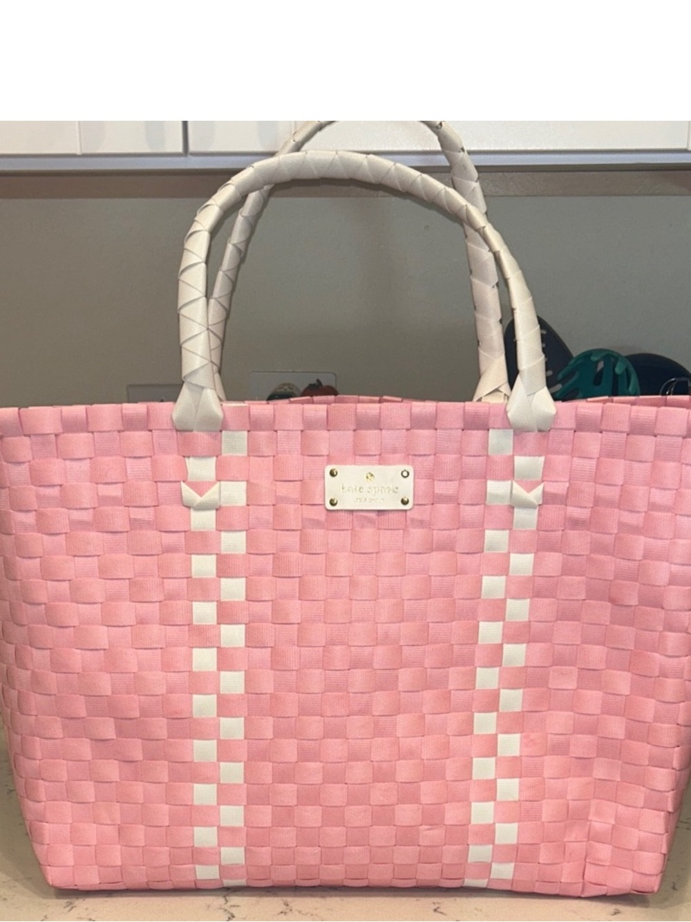 kate spade Pink Woven Tote with White Handles